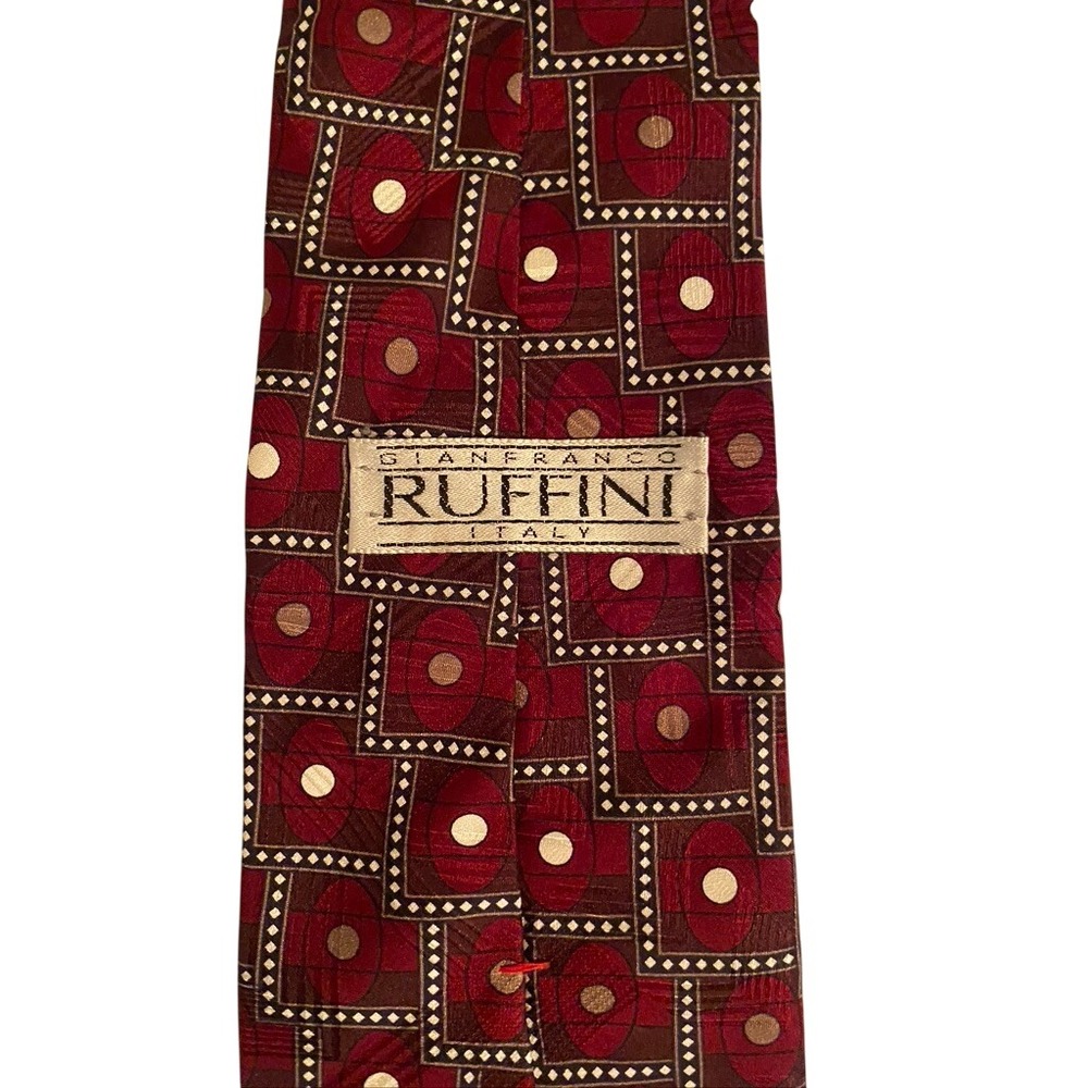 Gianfranco Ruffini Italy Mens Silk Tie Burgundy Geometric Squares Circles 3.75in